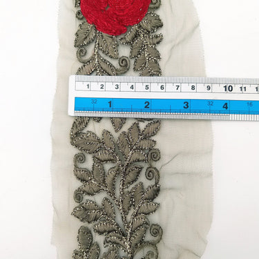 Grey Net Fabric Lace Trim with Floral Embroidery, Lace Trim, Sari Border